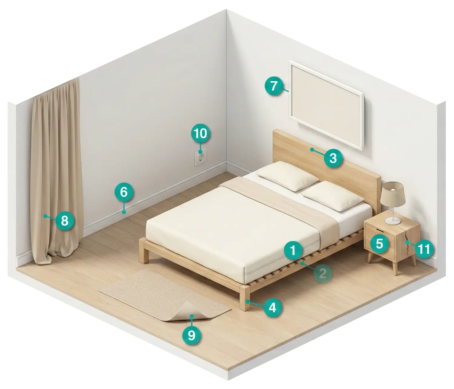 Schéma d'une chambre montrant les zones de cachette préférées des punaises de lit
