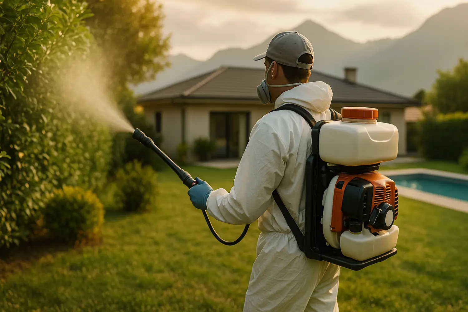 Technicien professionnel effectuant une démoustication extérieure en Savoie par SOSPUNAISE73