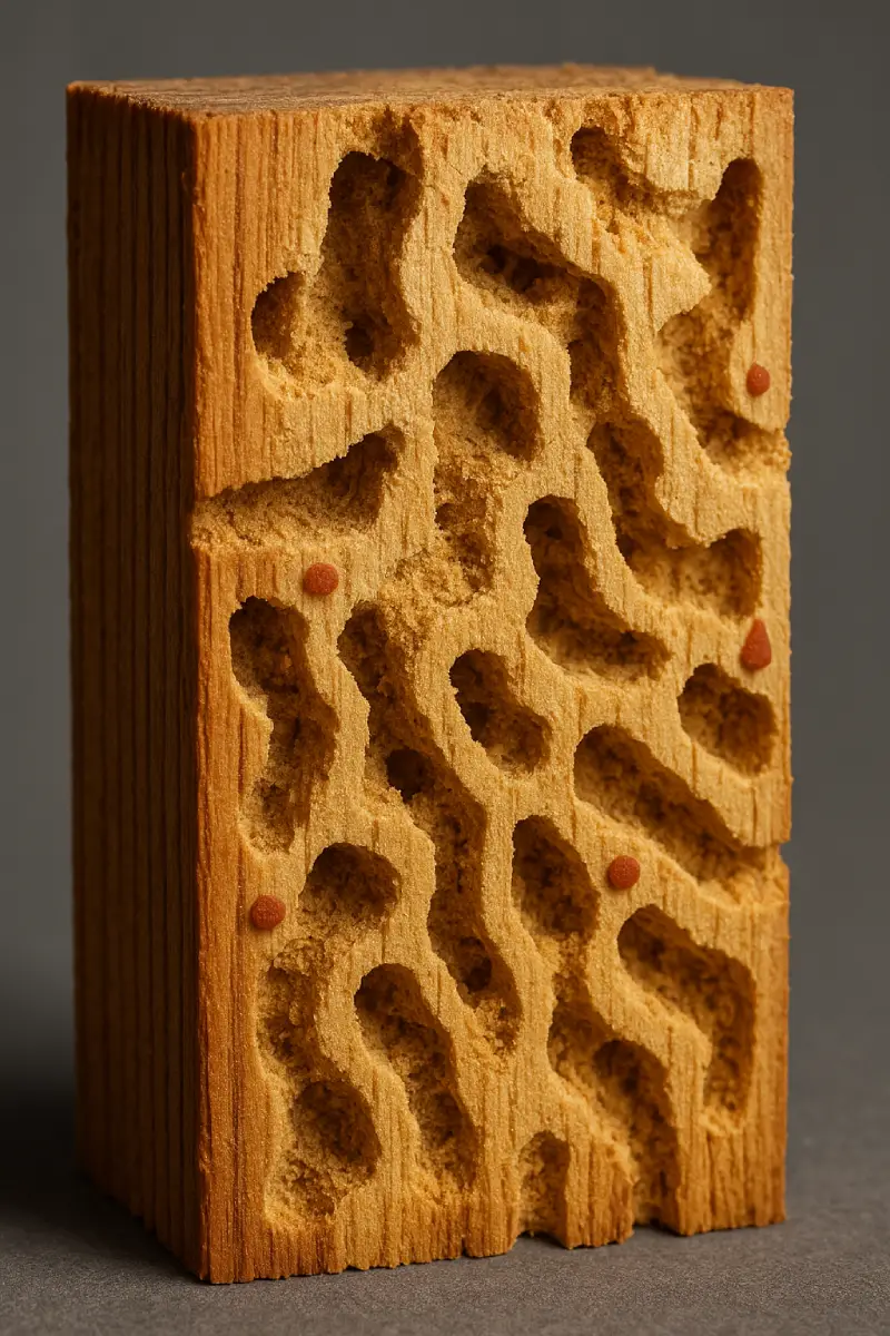 Coupe transversale de bois infesté par des insectes xylophages montrant les galeries creusées par les larves