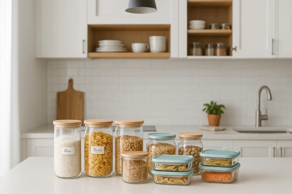 Cuisine moderne parfaitement organisée avec contenants hermétiques pour stockage alimentaire - prévention efficace contre les blattes