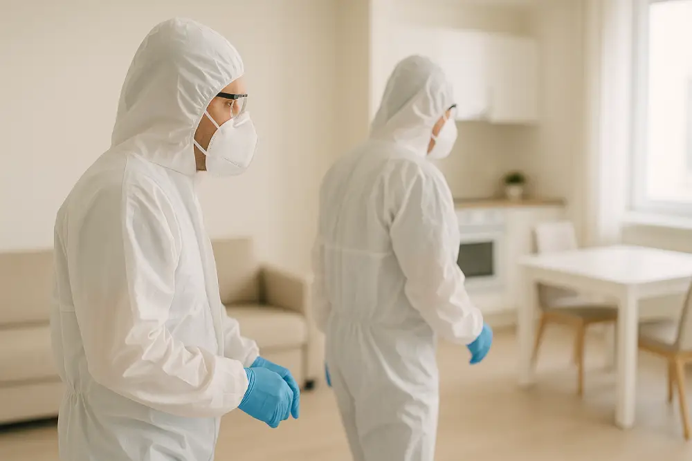 Professionnels en tenue de protection effectuant un nettoyage extrême discret dans un logement en Savoie - SOSPUNAISE73