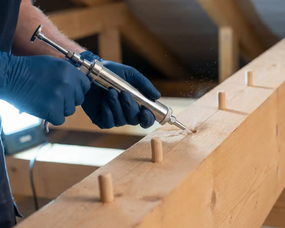 Injection de produit de traitement dans une poutre de charpente - Traitement professionnel par SOSPunaise73