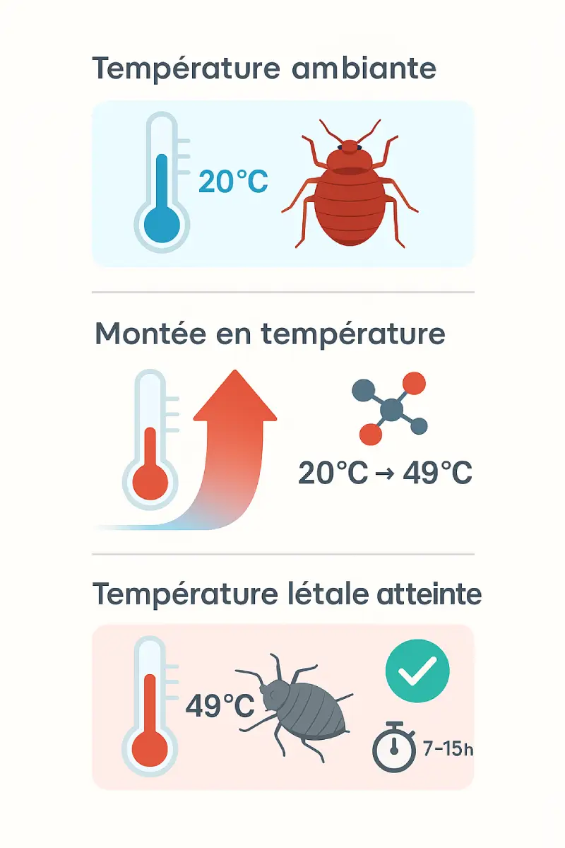 Infographie explicative du mécanisme de traitement thermique à 49°C contre les punaises de lit - SOSPUNAISE73