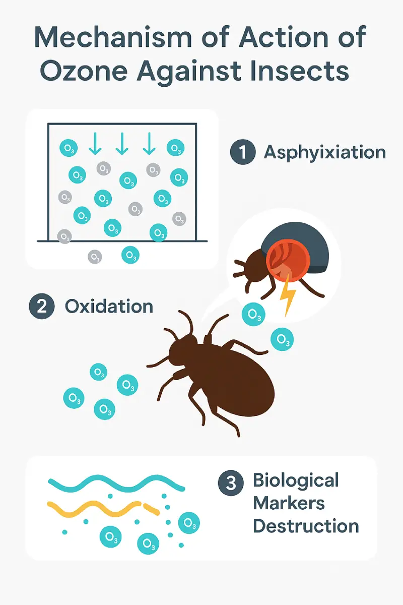 Schéma explicatif du mécanisme d'action du traitement par ozonation contre les insectes